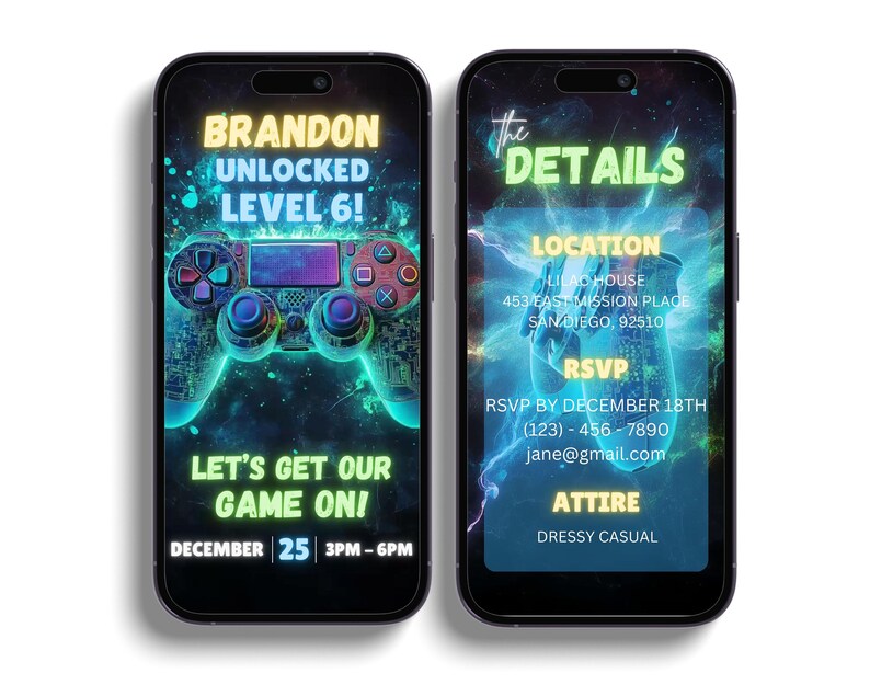 Puede incluir: Dos smartphones que muestran una invitaci&oacute;n digital. El tel&eacute;fono de la izquierda muestra un gr&aacute;fico de un mando de videojuegos con el texto "BRANDON UNLOCKED LEVEL 6!" y "LET'S GET OUR GAME ON!". El tel&eacute;fono de la derecha muestra los detalles del evento.