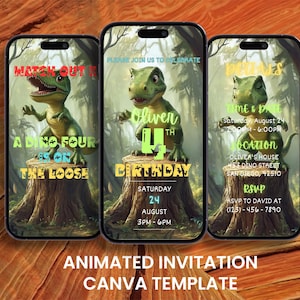 Invito video per il 4° compleanno di Dino Four, invito animato per festa a tema dinosauri per bambini, invito digitale modificabile per cellulare con itinerario per bambini.