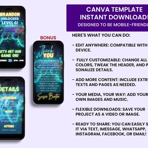 Puede incluir: Tres smartphones muestran una plantilla de invitaci&oacute;n digital con tem&aacute;tica de juegos. Las invitaciones presentan dise&ntilde;os en verde y azul ne&oacute;n, con texto como "Brandon Unlocked Level 6!" y detalles del evento. La plantilla es personalizable y m&oacute;vil.