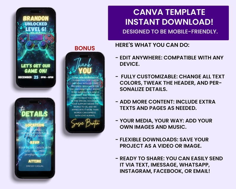 Puede incluir: Tres smartphones muestran una plantilla de invitaci&oacute;n digital con tem&aacute;tica de juegos. Las invitaciones presentan dise&ntilde;os en verde y azul ne&oacute;n, con texto como "Brandon Unlocked Level 6!" y detalles del evento. La plantilla es personalizable y m&oacute;vil.