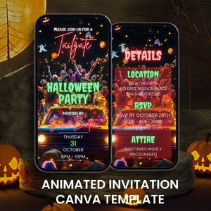 Animerad videoinbjudan till Halloweenfest med zombie-tailgate (mobil Evite, redigerbar Canva-mall)