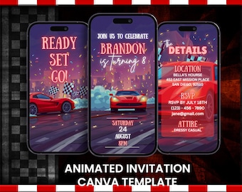 Może przedstawiać: Animowany szablon zaproszenia na ekranie smartfona. Projekt przedstawia czerwony samochód wyścigowy, szachownice i tekst z napisem "Ready Set Go!" oraz "Join us to celebrate Brandon is turning 8." Dodatkowe szczegóły.