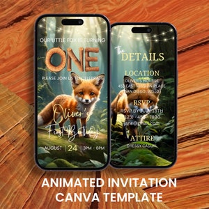 Invitation vidéo pour le premier anniversaire du renard, invitation animée à une fête dans les bois pour le premier anniversaire, invitation à un itinéraire avec carte mobile numérique modifiable
