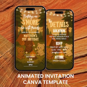 Puede incluir: Una invitación digital animada para una fiesta de cumpleaños número 9 con temática de fogata. La invitación presenta una ilustración de dibujos animados de osos asando malvaviscos alrededor de una fogata. El texto dice "Los cumpleaños son MÁS divertidos con amigos" y "El cumpleaños número 9 de Matthew". La invitación también incluye detalles sobre la fiesta, como la fecha, la hora, la ubicación y la información de RSVP.