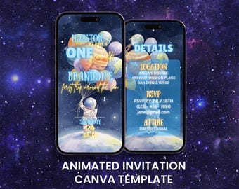 May include: Animated invitation template displayed on two smartphones. The design features an astronaut holding planet-shaped balloons. Text includes "Houston, we have a one year old, Brandon's first trip around the sun." Details include location, RSVP, and attire.