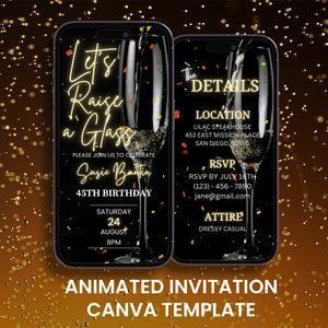 Let's Raise a Glass champagne video-verjaardagsuitnodiging, geanimeerde vieringen Evite, bewerkbare digitale mobiele kaart reisplan uitnodigen