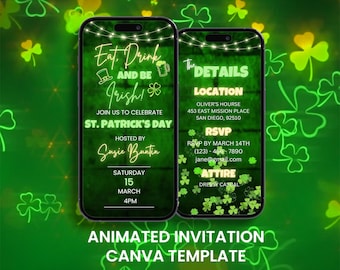 St. Patrick's Day Video Invitation: Neon Shamrock, Editable Evite (Digital)