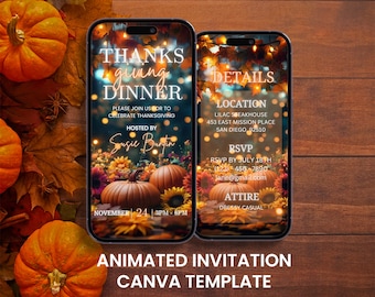 May include: Thanksgiving dinner invitation template displayed on two smartphones. The design features pumpkins, flowers, and fall foliage. Text includes event details, location, RSVP information, and attire suggestions.