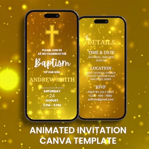 May include: A gold smartphone mockup with a sparkling background. The phone screen displays a baptism invitation with a cross, the text "Baptism of our son Andrew Smith", the date "Saturday, August 24", and the time "3 PM - 5 PM". The right side of the screen displays the details of the event, including the time and date, location, and RSVP information.