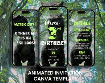May include: Animated invitation for a 3rd birthday party with a dinosaur theme. The invitation features a green dinosaur with the text "Oliver's 3rd Birthday" and a green dinosaur head with the text "Watch out! A three Rex is on the loose". The invitation also includes details about the party, such as the date, time, and location.
