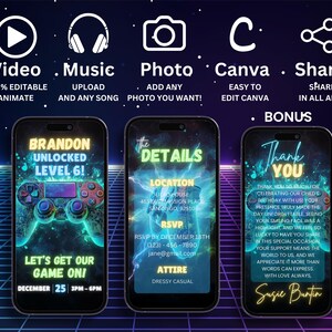 Puede incluir: Dise&ntilde;o de invitaci&oacute;n digital con tres tel&eacute;fonos inteligentes. El primero muestra "Brandon Unlocked Level 6!" con un gr&aacute;fico de mando de juego. El segundo muestra los detalles del evento. El tercero dice "Gracias".