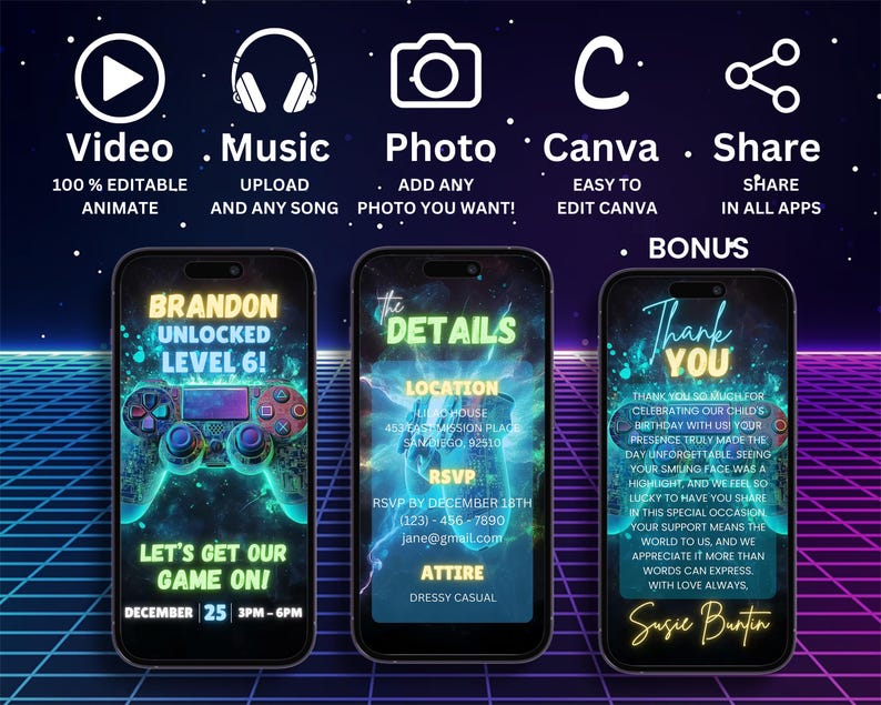 Puede incluir: Dise&ntilde;o de invitaci&oacute;n digital con tres tel&eacute;fonos inteligentes. El primero muestra "Brandon Unlocked Level 6!" con un gr&aacute;fico de mando de juego. El segundo muestra los detalles del evento. El tercero dice "Gracias".