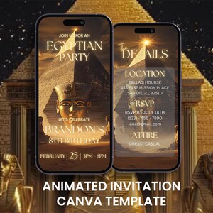 Può includere: Due smartphone mostrano un invito animato per una festa a tema egiziano. L'invito presenta una piramide, immagini di faraoni e dettagli dell'evento. Il testo recita "Join us for an Egyptian Party" e "8° compleanno di Brandon".