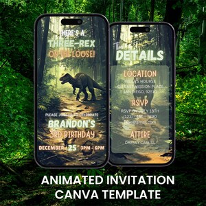 Op de afbeelding: Geanimeerde uitnodigingssjabloon op een smartphonescherm. Het ontwerp toont een dinosaurusillustratie in een bosrijke omgeving met de tekst "HERE'S A THREE-REX ON THE LOOSE!" en feestdetails. De tekst onderaan luidt "ANIMATED INVITATION CANVA TEMPLATE."
