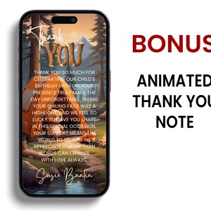 May include: A digital thank you card with a cartoon illustration of a campfire, tent, and forest. The text reads "Thank You" in large letters and includes a message thanking the recipient for celebrating a child's birthday. The card is signed "Susie Buntin".