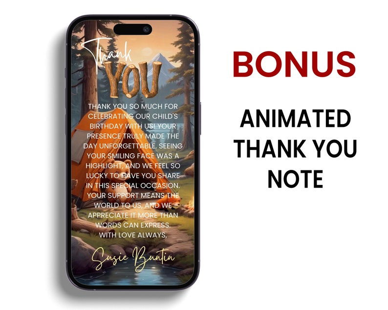 May include: A digital thank you card with a cartoon illustration of a campfire, tent, and forest. The text reads "Thank You" in large letters and includes a message thanking the recipient for celebrating a child's birthday. The card is signed "Susie Buntin".