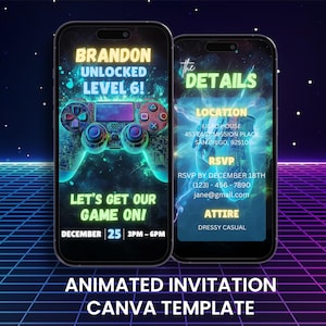 Puede incluir: Dos smartphones que muestran una invitaci&oacute;n con tem&aacute;tica de juegos. Un tel&eacute;fono muestra un controlador y el texto: "BRANDON UNLOCKED LEVEL 6! LET'S GET OUR GAME ON!" El otro tel&eacute;fono muestra los detalles del evento. El fondo es una cuadr&iacute;cula retro.