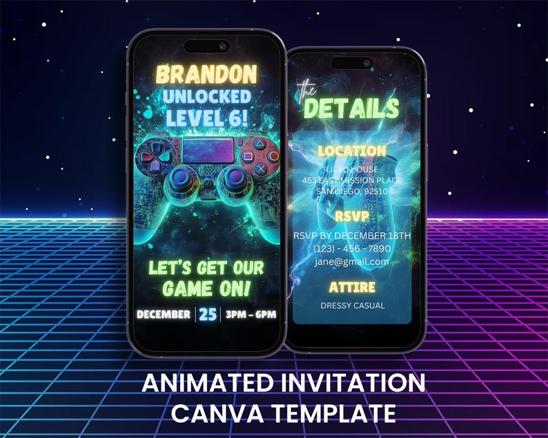 Puede incluir: Dos smartphones que muestran una invitaci&oacute;n con tem&aacute;tica de juegos. Un tel&eacute;fono muestra un controlador y el texto: "BRANDON UNLOCKED LEVEL 6! LET'S GET OUR GAME ON!" El otro tel&eacute;fono muestra los detalles del evento. El fondo es una cuadr&iacute;cula retro.