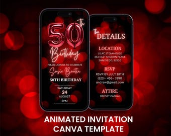50th Birthday Invitation: Red Neon Animated Evite (Digital Mobile Card)