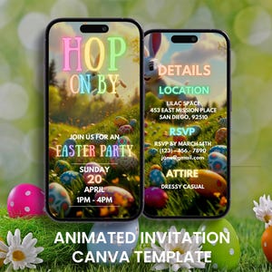 May include: Animated digital invitation for an Easter party with a bunny rabbit hopping on by, colorful eggs, and text that says "Hop on by" and "Join us for an Easter Party". The invitation includes details such as the date, time, location, RSVP information, and attire.