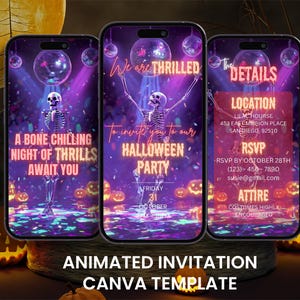 May include: Three smartphones showcasing a Halloween party invitation. The design features skeletons, disco balls, and pumpkins against a purple backdrop. Text includes party details and the phrase "A Bone Chilling Night of Thrills Await You."