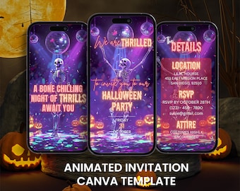 May include: Three smartphones displaying a Halloween party invitation. The design features skeletons, disco balls, and pumpkins against a purple background. Text includes party details and the phrase "A Bone Chilling Night of Thrills Await You."