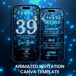 Invitation vidéo 39e anniversaire bleu losanges, invitation animée de luxe 39e anniversaire, modèle d'itinéraire modifiable pour carte mobile numérique