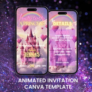 Four ever a Princess 4th Birthday Video Invitation, Animated Pink Castle Rainbow Evite, Editable Digital Mobile Card Itinerary Invite