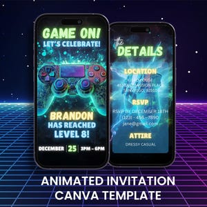以下が含まれることがあります： ネオンをテーマにしたアニメーション招待状を表示する2つのスマートフォン。1つの画面には、ゲームコントローラーのグラフィックとイベントの詳細とともに「Game On! Let's Celebrate!」と表示されます。もう1つの画面には、場所やRSVPなど、イベントの詳細が表示されます。
