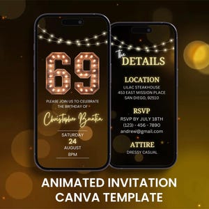 Faire-part d'anniversaire rustique pour 69 ans, animation soixante-neuvième fête néon en bois Evite, modèle d'itinéraire de carte mobile numérique modifiable