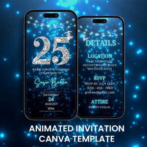 25. Diamond Blue Geburtstags-Videoeinladung, animierte Twenty Fifth Party Luxus Evite, bearbeitbare Reiseplanvorlage für digitale mobile Karten