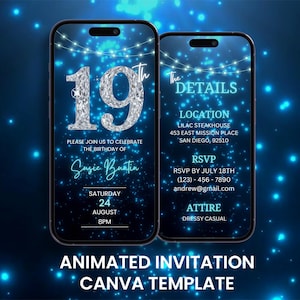 Invitation vidéo d'anniversaire bleu losanges 19e, Evite de luxe animée pour fête du 19e anniversaire, modèle d'itinéraire de carte mobile numérique modifiable