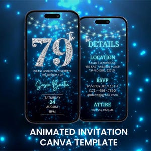 Invitation vidéo 79e anniversaire bleu losanges, invitation de luxe animée 79e anniversaire, modèle d'itinéraire de carte numérique mobile modifiable