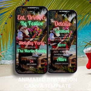 Tropische kerstvideo-uitnodiging, geanimeerde Hawaiiaanse kerstman Winter Luau Holiday Party Evite, bewerkbare digitale mobiele kaart uitnodiging