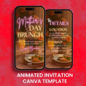 Invito video per il brunch della festa della mamma, invito animato floreale per la mamma e Mimosa, invito con itinerario digitale modificabile per cellulare