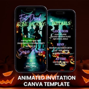 Eat Drink & Be Scary Halloween-Videoeinladung, animierte Erwachsenenkostüm-Cocktailparty Evite, bearbeitbare digitale Handykarte einladen