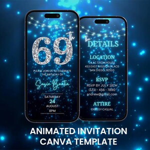 Invitation vidéo 69e anniversaire bleu diamant, modèle d'itinéraire de carte mobile numérique éditable pour soixante neuvième anniversaire animée de luxe