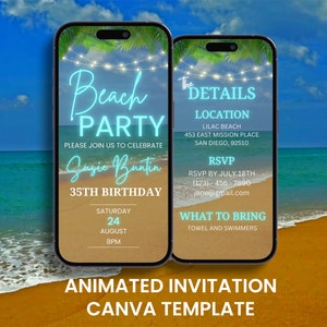 Convite em vídeo de aniversário para festa na praia, convite animado para verão tropical, areia, mar, cartão móvel digital editável, convite para itinerário