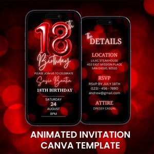 Faire-part d'anniversaire rouge 18e, néon animé de ballon 18e fête, modèle d'itinéraire de carte mobile numérique modifiable
