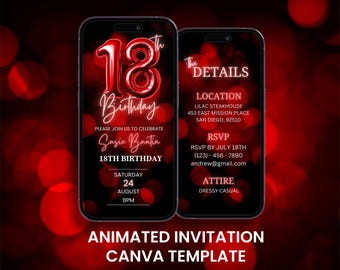 Invito animato per il 18° compleanno: rosso neon, modello modificabile per dispositivi mobili