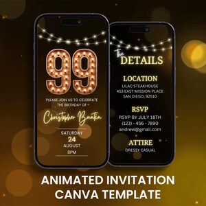 Invitation d'anniversaire rustique 99e, animation 90e anniversaire néon en bois, modèle d'itinéraire de carte mobile numérique modifiable
