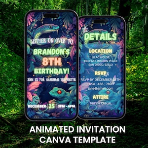 May include: Animated invitation template for a birthday party, featuring a vibrant design with a snake and gecko illustration. The invitation includes event details, date, time, location, and RSVP information. The text reads "Slither on over to Brandon's 8th Birthday!"