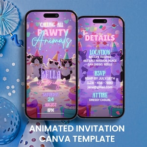 May include: Two smartphones showing a birthday party invitation. The invitation features cartoon cats in party hats and sunglasses, with the text "Calling All Pawty Animals." The second phone displays party details.