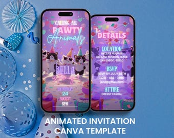 Animated Cat Birthday Party Video Invitation: Pink Pawty Animals Evite (Mobile, Editable Canva Template)