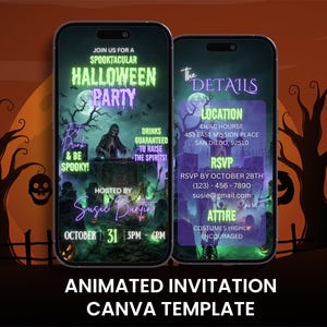 Puede incluir: Dos teléfonos inteligentes que muestran una plantilla de invitación digital para una fiesta de Halloween. La pantalla izquierda presenta un DJ esqueleto, texto verde que dice SPOOKTACULAR HALLOWEEN PARTY y detalles. La derecha lista ubicación, RSVP y vestimenta.