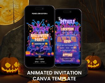 Op de afbeelding: Twee smartphones tonen een Halloween-feestuitnodiging met neonafbeeldingen. De uitnodiging bevat zombies, pompoenen en evenementdetails. De tekst luidt "Tailgate Halloween Party" en "Animated Invitation Canva Template."