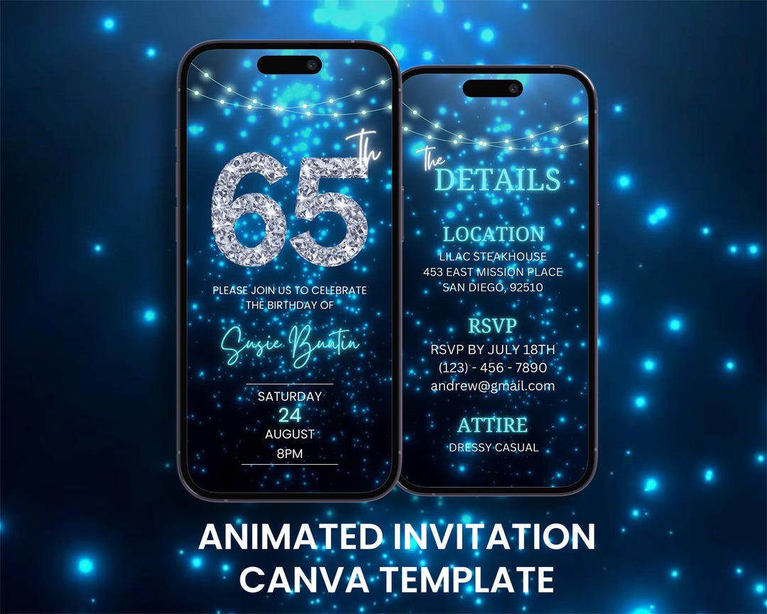 65th Birthday Video Invitation: Diamond Blue Animated Evite (digital ...
