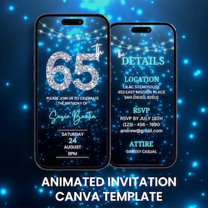 Invitación en video para el 65.º cumpleaños de Diamond Blue, invitación animada de lujo para el 65.º aniversario de Evite, plantilla de itinerario digital editable para móvil
