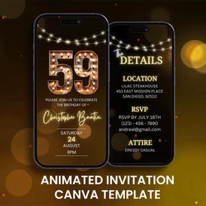 Faire-part d'anniversaire rustique 59e, animation cinquante-neuvième fête néon en bois Evite, modèle d'itinéraire de carte mobile numérique modifiable