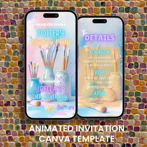 Puede incluir: Dos pantallas de smartphone que muestran una invitación a una fiesta de pintura de cerámica. La primera pantalla muestra jarrones con pinceles y el texto "Pottery Painting Party" y "Bella's 8th Birthday." La segunda detalla la ubicación, RSVP y vestimenta.